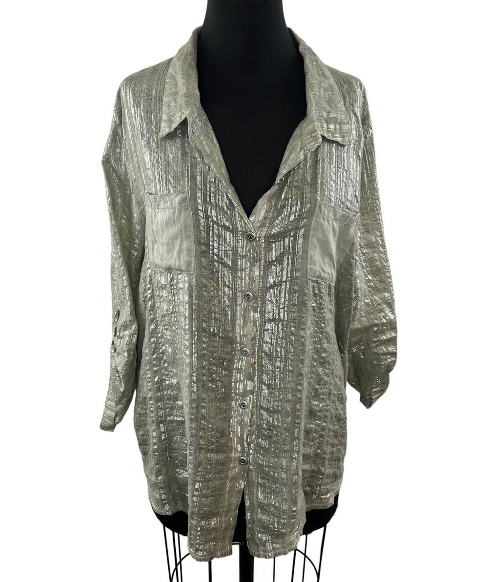 Made in Italy Women's Gray Silver Metallic Roll-Tab Sleeve Button-Up Shirt XL